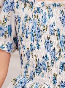 Tween Girl Square Neck Puff Sleeve Multi-Layer Ruffle Hem Floral Print Patchwork Dress