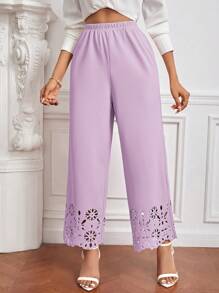 SHEIN Privé Pantalones Para Mujer Con Cintura Elástica De Ajuste Holgado, Con Estampado Floral Y Dobladillo Con Volantes. - Púrpura malva - Ver 4