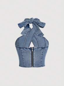 SHEIN ICON Y2k藍色彈性女性休閒貼身交叉領斜肩剪裁牛仔上衣 - 藍色 - 查看 2