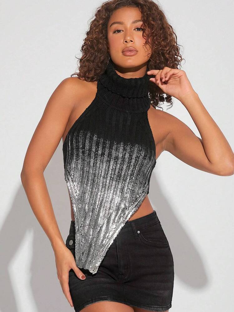 Ombre Metallic Halter Sweater Top