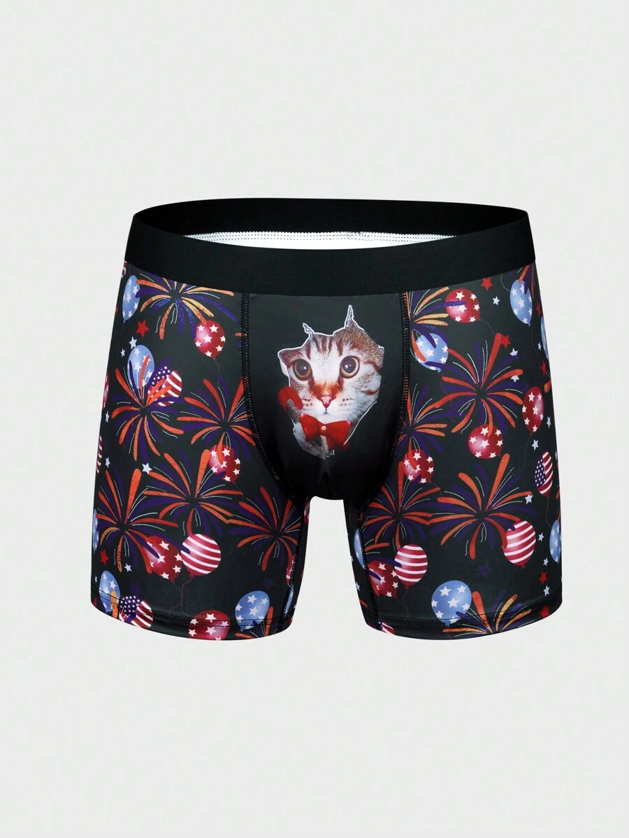 Men'S Underwear Printed With Cats And Fireworks In Boxer Brief Style - Black - View 1