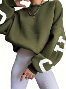 SHEIN EZwear Plus Size Women's Letter Print Drop Shoulder Long Sleeve Sweatshirt - Army Green - View 2