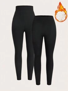 SHEIN EZwear 2 件裝純色保暖內襯緊身褲 - 彩色 - 查看 3