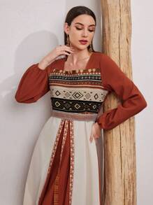 Al Najma Women's Geometric Embroidery Long Lantern Sleeve Arabian Modest Dress - Multicolor - View 6