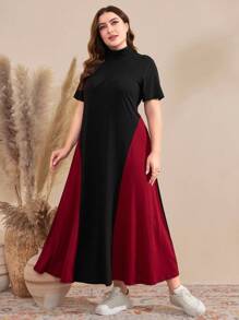 Modelyn Plus Size Color-Block Stand Collar Dress Maxi Women Outfit - Multicolor - View 1