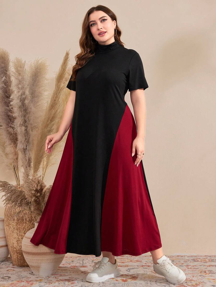 Modelyn Plus Size Color-Block Stand Collar Dress Maxi Women Outfit - Multicolor - View 1