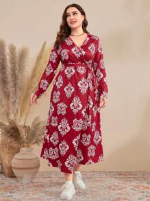 Mulvari Plus Size Women'S Full Print Wrap Collar Dress - Red and White - View 1