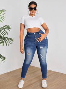SHEIN SXY Kích thước lớn Đau khổ Thon gọn Quần jean - Rửa tối - Xem 1