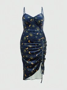 ROMWE Hippie Plus Size Sun, Moon, Stars Printed Drawstring Spaghetti Strap Dress - Black - View 1