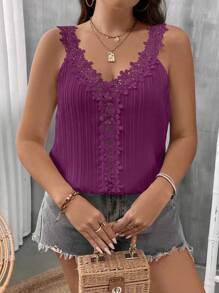 SHEIN Clasi Blusa Sin Mangas De Encaje Y Mezcla De Texturas Para Mujer De Talla Grande - Morado - Ver 4