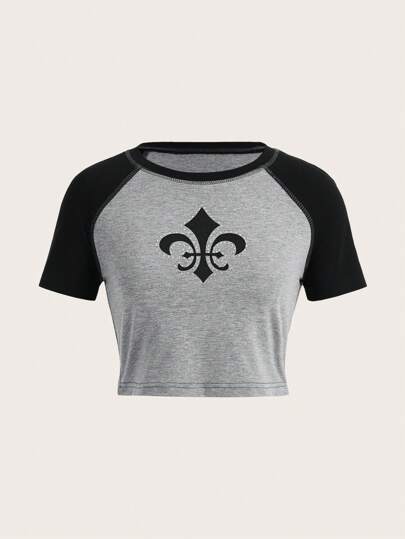 Fairycore Kurzes Crop-Top für Frauen mit Farbblock-Patchwork, Schulterpolstern, geometrischem Druck und Strasssteinen für den Sommer