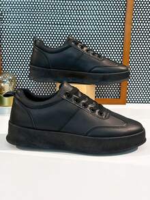 男士運動鞋,pu表面和鞋帶設計,極簡主義風格厚底休閒運動鞋 - 黑色 - 查看 4