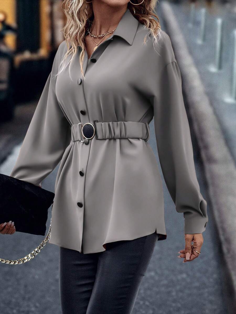 LanaWest Solid Color Long Sleeve Shirt Fall Cloth For Women - Grey - View 1