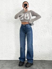 Cottnline Women's High Waist Flared Jeans With Cleaned Finish And Slanted Pockets - Blue - View 3