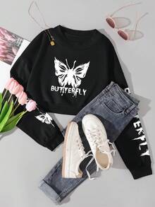 SHEIN Essnce 女性蝴蝶與字母印花短款運動衫 - 黑色 - 查看 5