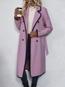 SHEIN LUNE Của phụ nữ DOUBLE-BREASTED Len áo Với Tương phản Màu sắc Cạnh - Hồng - Xem 7