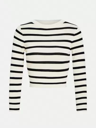 女士休闲拼色条纹圆领长袖 T 恤