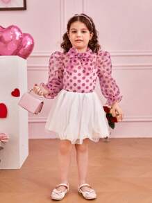SHEIN Cô Gái Trẻ Đàn organza Chấm bi Ren Đứng cổ áo Áo sơ mi Với Nơ Đồ trang trí Đối với Giải trí Mặc - Hồng - Xem 4