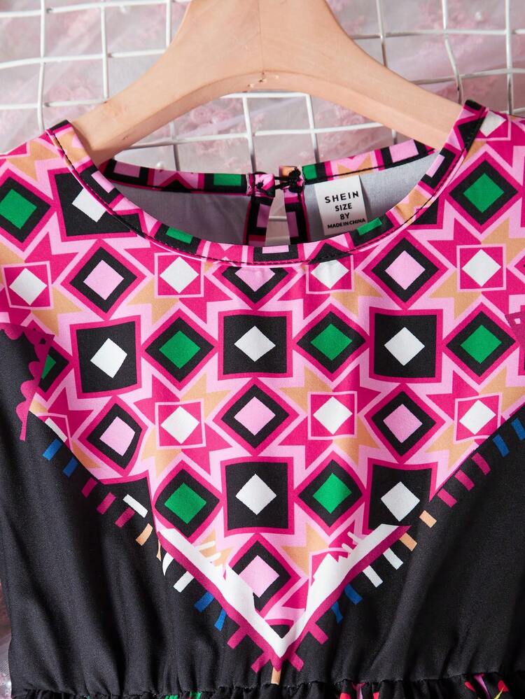 Tween Girl Print Black & Pink Trumpet Sleeve Vacation Summer Dress, Mid-Length