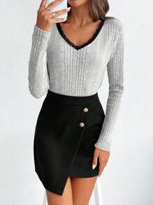 SHEIN Frenchy Women'S V-Neck Lace Decor Rib Brushed Skirt Set Winter Casual - Multicolor - View 2