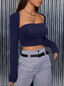 SHEIN PETITE Women'S Solid Color Strapless Long Sleeve Top - Navy Blue - View 4