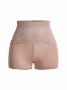 Shapelle Forme Women's Apricot Knitted Fabric Semi-Sheer Tummy Control Mini Shorts Casual Style Mid Stretch Waist Control Leggings