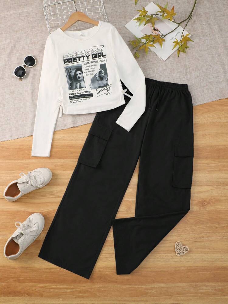 Teen Girls' Knitted T-Shirt And Woven Utility Pants Set With Portrait Pattern