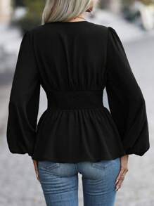 EMERY ROSE Women's Wrapped V-Neck Lantern Sleeve Blouse With Ruffle Hem Peplum Top Fall Cloth For Women