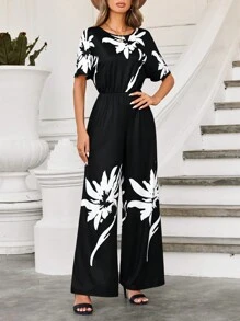 SHEIN Clasi 女款花卉印花短袖連身褲 - 黑色 - 查看 5
