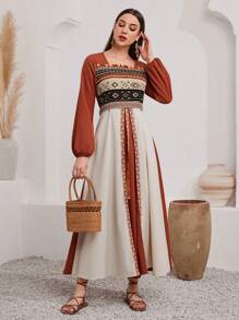 Al Najma Women's Geometric Embroidery Long Lantern Sleeve Arabian Modest Dress - Multicolor - View 1