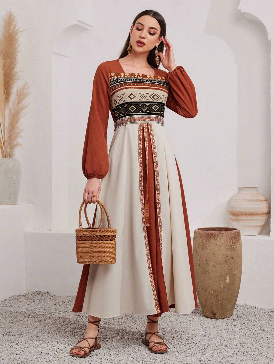 Al Najma Women's Geometric Embroidery Long Lantern Sleeve Arabian Modest Dress - Multicolor - View 1