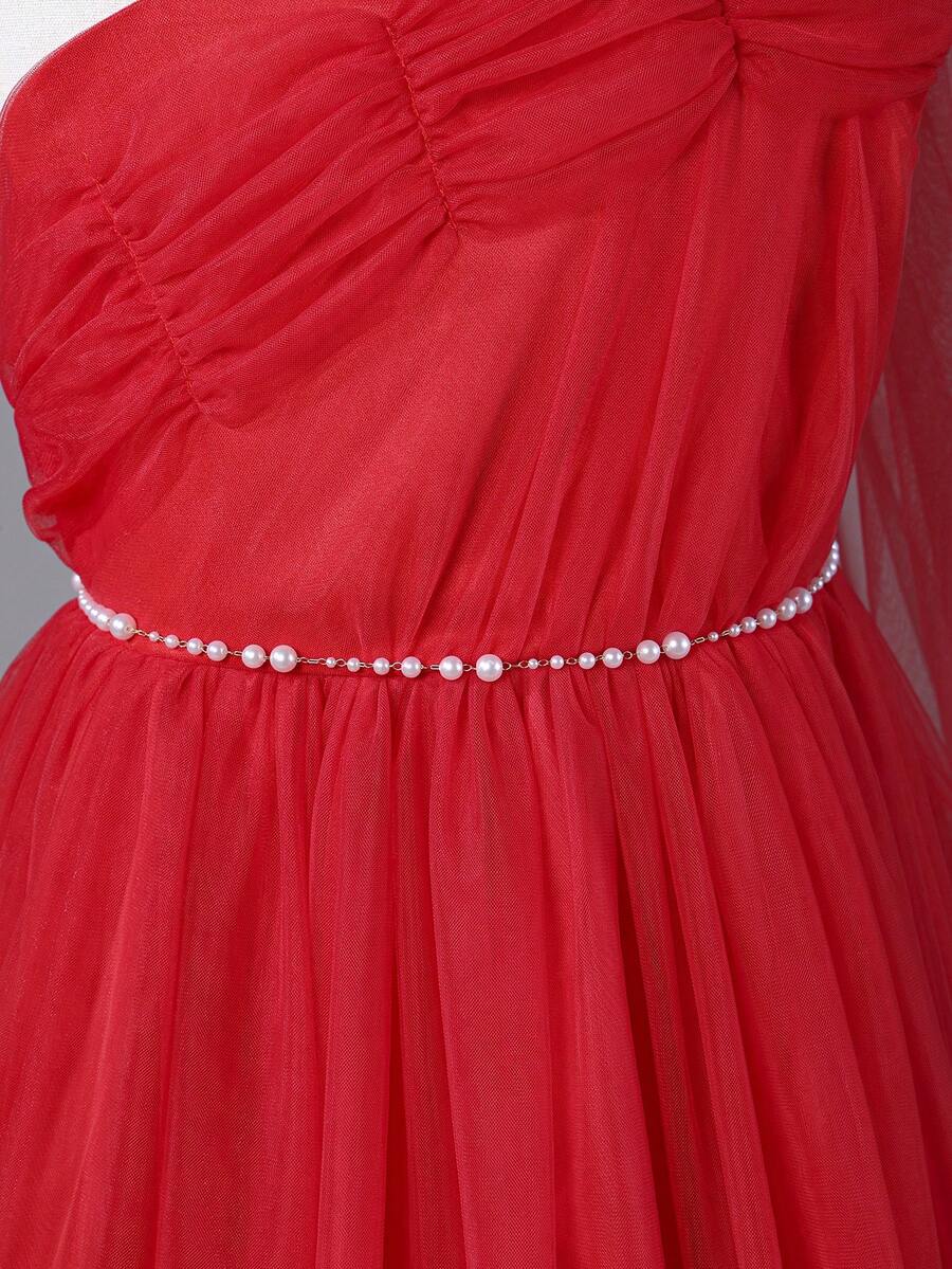 Tween Girls' Elegant Asymmetrical Shoulder HighWaisted Pearl Chain