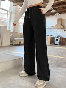 SHEIN EZwear Women's Thermal Lined Straight Leg Sweatpants - Black - View 3