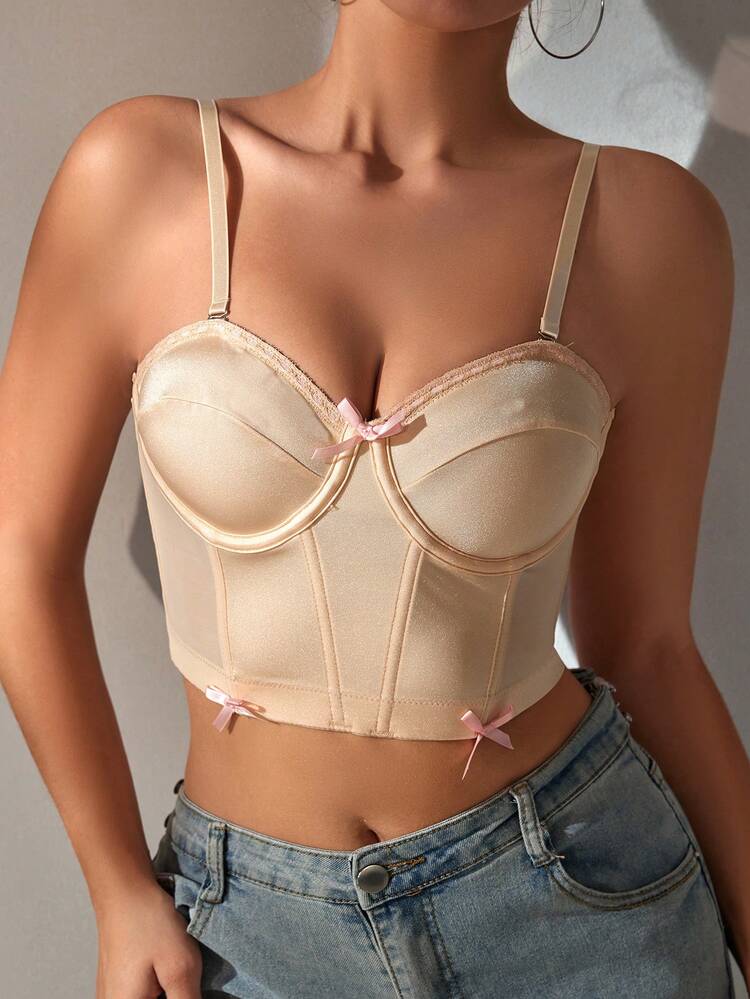 Romantic Vintage Apricot Knitted Corset Bralette Top With Bow Detail Medium Stretch Bustier