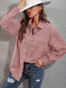 SHEIN Essnce Flip Pocket Front Long Sleeve Shirt - Pink - View 1