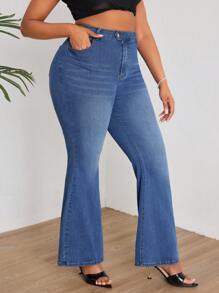 SHEIN SXY Plus Size Elastic Slim Fit Elegant Flared Jeans - Blue - View 5