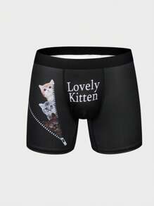 Men'S Letter And Cat Print Boxer Briefs - Multicolor - View 1