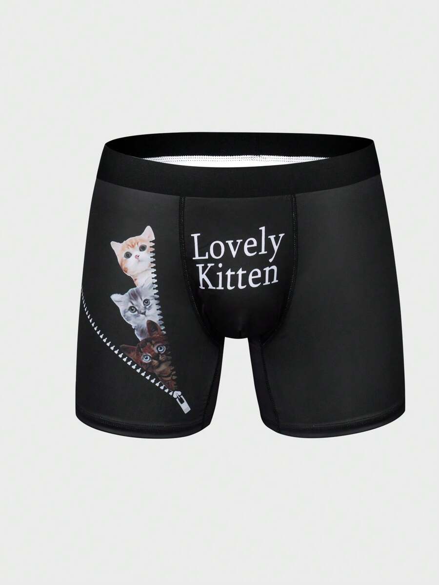 Men'S Letter And Cat Print Boxer Briefs - Multicolor - View 1