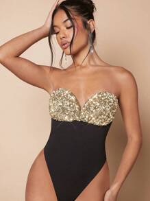 SHEIN BAE Women's Color Blocking Sequin Patchwork Strapless Bodysuit - Gold - View 1