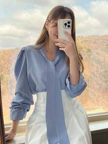 DAZY 1pc Women's Solid Color Bow Neck Elegant Business Casual Blouse,Ruffle,Fall Clothes