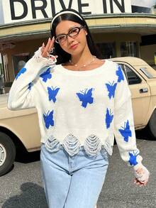 SHEIN EZwear Butterfly Pattern Distressed Sweater - White - View 5