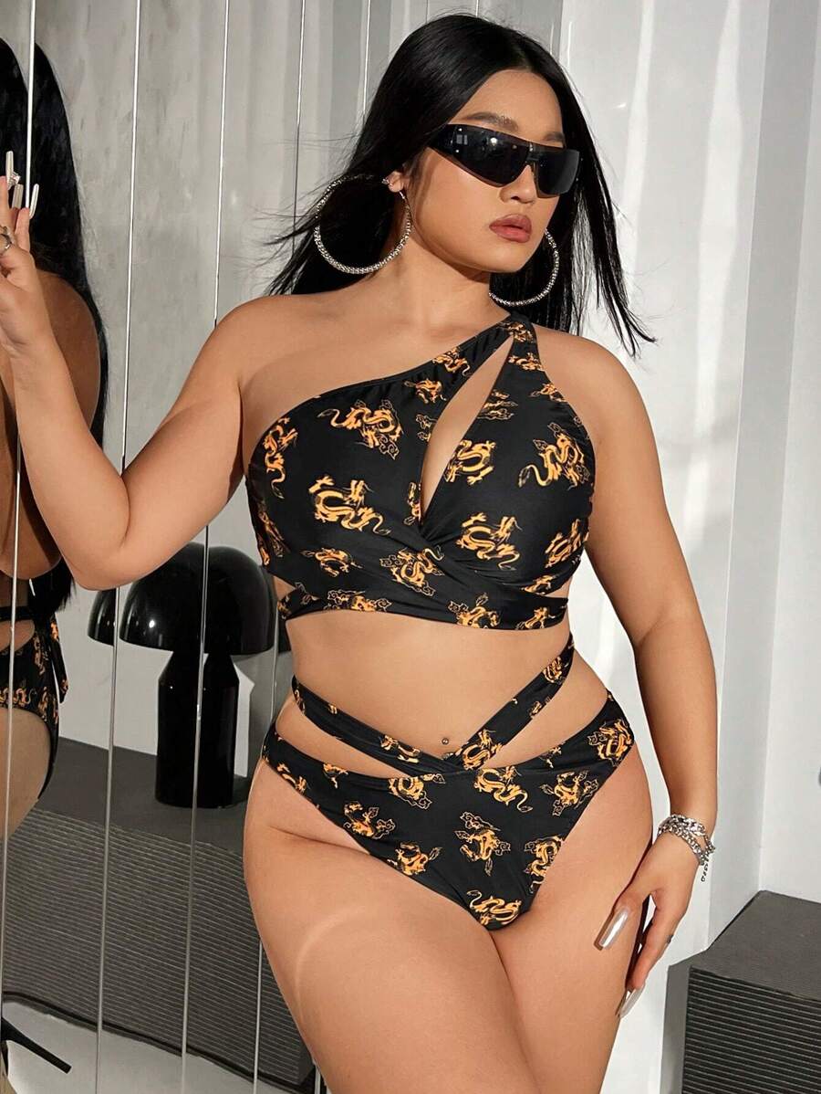 SHEIN Swim Curve Bộ đồ bơi bikini hở vai cỡ lớn mùa hè - màu đen - Xem 1
