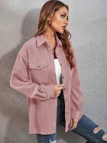 SHEIN Essnce Flip Pocket Front Long Sleeve Shirt - Pink - View 4