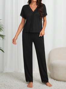 Snug Zone Women's Lace Embellished V-Neck Top And Pants Pajama Set - Black - View 4
