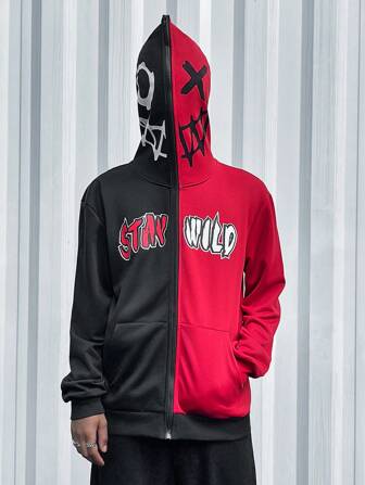 ROMWE Street Life Men's Street Style Color Block Zipper Hoodie With Printed Smiling Face