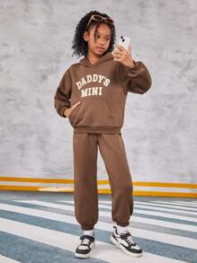 Tween Girl's Street Style Letter Printed Hoodie And Sweatpants Set, Sports Outfit - Brown - View 3