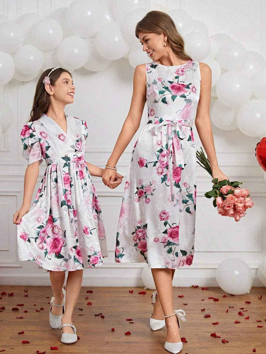 SHEIN Clasi 女式全花卉印花提花無袖洋裝 - 彩色 - 查看 1