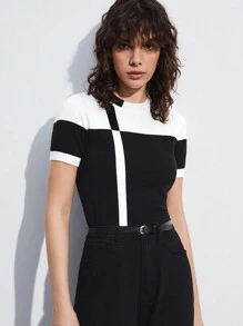 SHEIN BIZwear 女士秋季撞色短袖针织上衣，浪漫优雅日常时尚百搭商务休闲通勤时尚复古风办公室着装，适合女士、教师，针织毛衣 - 黑與白 - 查看 6