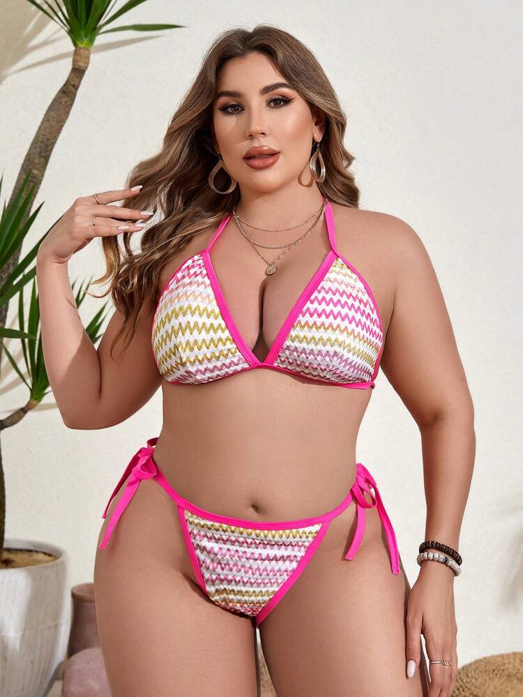 Plus Size Zigzag Striped Halter Neck Bikini Top And Side Tie Triangle Bottom Set Carnival Summer
