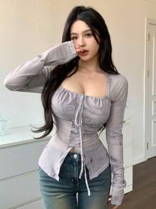 DAZY Women'S Square Neckline Split Hem Long Sleeve Top